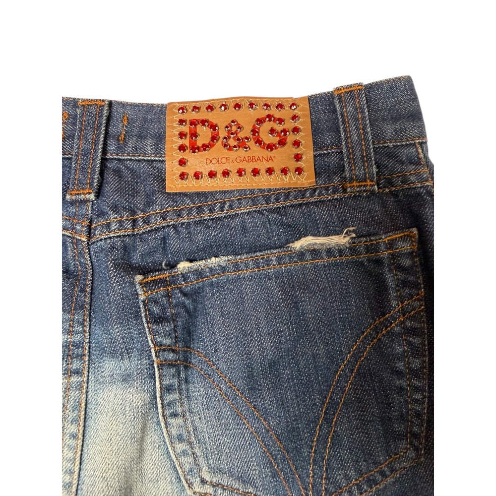 D&G Dolce & Gabbana Vintage Y2K Denim Midi Skirt Rhinestone Logo Blue Size 38 - Picture 4 of 8